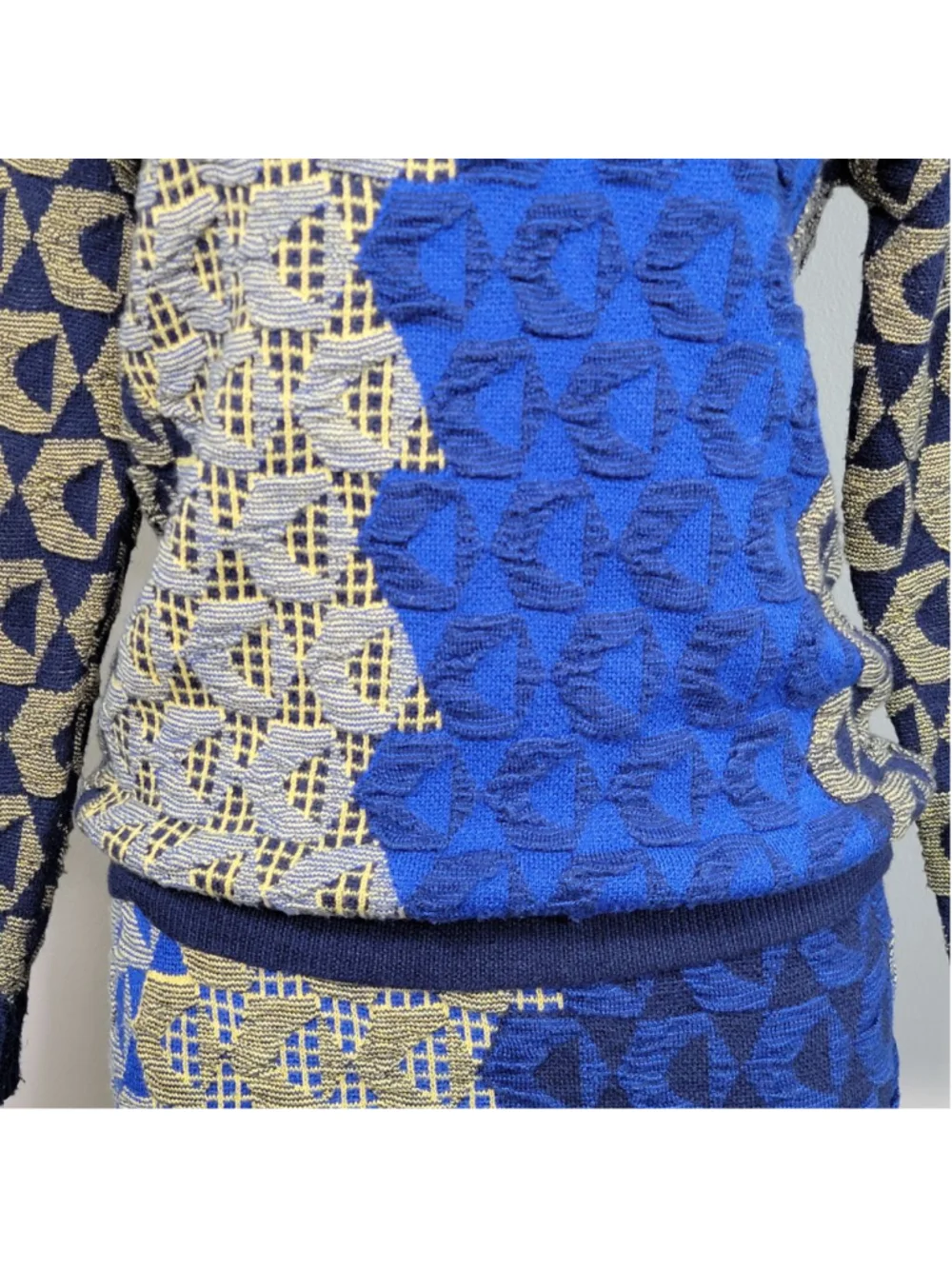 Kerisma Knit Crew Neck Sweater Pencil Midi Skirt Matching Set Blue Geometric S